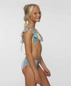 Hot Sale ⌛ O'Neill Teal & Pink Stripe Baja Ruffle Tie-Back 👙 Bikini - 👧 Girls 🔔 -O'Neill Sales zu106421380 alt 2 tm1671560778
