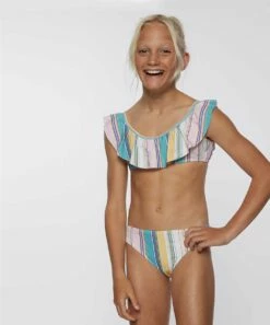 Hot Sale ⌛ O'Neill Teal & Pink Stripe Baja Ruffle Tie-Back 👙 Bikini - 👧 Girls 🔔 -O'Neill Sales zu106421380 alt 4 tm1671560778