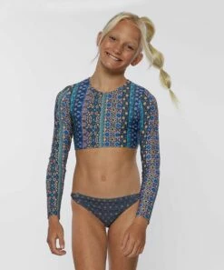 Discount 🎁 O'Neill Slate Abstract Margot Long-Sleeve Crop-Top 👙 Bikini - 👧 Girls 😀