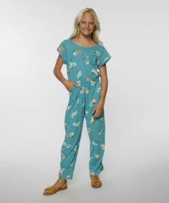 Coupon 👍 O'Neill Teal & White Floral Ryder Short-Sleeve Jumpsuit - 👧 Girls 👏