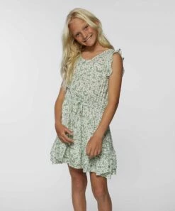 Brand new 👍 O'Neill Green Floral Arianne Sleeveless Drawstring A-Line 👗 Dress - 👧 Girls 😉