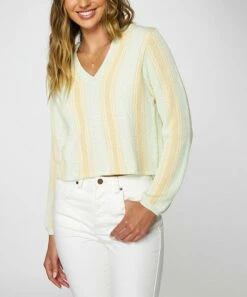 Best Pirce 🧨 O'Neill Yellow Stripe V-Neck Catamaran Crop Top - Juniors 🎉