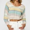 New 🛒 O'Neill Blue & Light Yellow Stripe Mallie Long-Sleeve Crop Top - Juniors 💯 -O'Neill Sales zu106706409 main tm1656516914