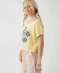 Outlet ✨ O'Neill Yellow & Orange 'O'Neill' Logo Checkerboard Flower Crop Top - 👧 Girls 😀 -O'Neill Sales zu107979810 alt 2 tm1660679511