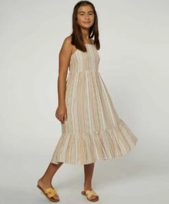 Promo ๐ O'Neill White & Green Stripe Giulia Ruffle-Hem Midi ๐ Dress - ๐ง Girls ๐