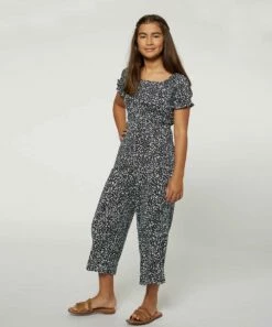 New 🧨 O'Neill Navy & White Abstract Brandi Puff-Sleeve Jumpsuit - 👧 Girls 🧨 -O'Neill Sales zu107985277 alt 4 tm1660679511