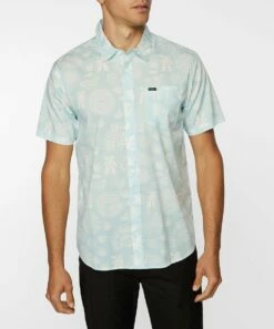 New 👏 O'Neill Aqua & White Cosmos Short-Sleeve Button-Up Top - Men 👏