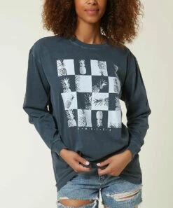 Discount 💯 O'Neill Slate Checkerboard Pineapple Logo Long-Sleeve Tee - Juniors 💯