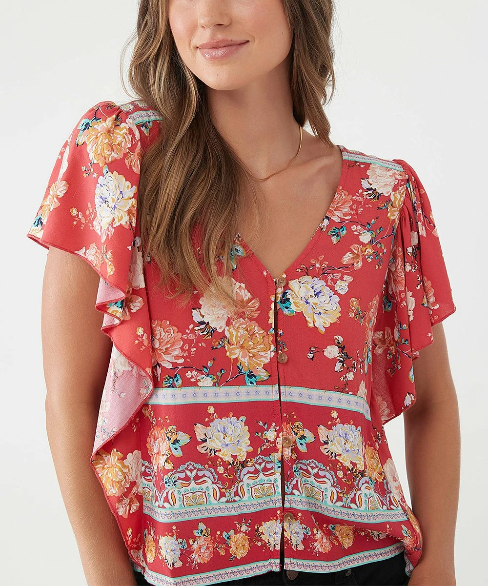 Top 10 ๐ O'Neill Red Floral Flutter-Sleeve Maggy Button-Up Top - Juniors โ 5 Top 10 ๐ O'Neill Red Floral Flutter-Sleeve Maggy Button-Up Top - Juniors โ - Image 3