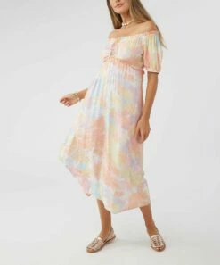 Discount 🔔 O'Neill Pink & Blue Abstract Gladys Off-Shoulder 👗 Dress - Juniors 🔥 -O'Neill Sales zu109092245 alt 1 tm1664890170
