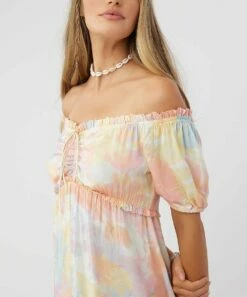 Discount 🔔 O'Neill Pink & Blue Abstract Gladys Off-Shoulder 👗 Dress - Juniors 🔥 -O'Neill Sales zu109092245 alt 2 tm1664890170