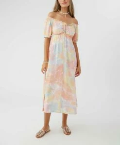 Discount 🔔 O'Neill Pink & Blue Abstract Gladys Off-Shoulder 👗 Dress - Juniors 🔥 -O'Neill Sales zu109092245 main tm1664890170