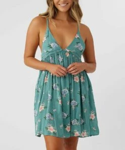 Discount 🎁 O'Neill Teal Green & White Floral Empire-Waist Felix A-Line 👗 Dress - Juniors ✨ -O'Neill Sales zu109092277 alt 1 tm1664890170