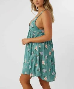 Discount 🎁 O'Neill Teal Green & White Floral Empire-Waist Felix A-Line 👗 Dress - Juniors ✨ -O'Neill Sales zu109092277 alt 3 tm1664890170