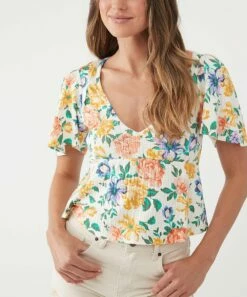 Best deal 🔔 O'Neill Winter White & Yellow Floral Ribbed Weslin Flutter-Sleeve Top - Juniors 🎁