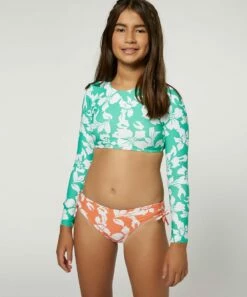 Promo 👏 O'Neill Kelly Green & Hot Coral Floral Oasis Long-Sleeved Crop 👙 Bikini - 👧 Girls ⭐