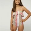 Deals 😀 O'Neill Red Floral Stripe Stella Ruffle Back-Cutout One-Piece - 👧 Girls 💯