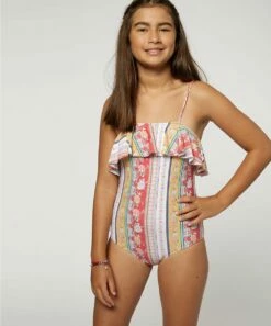 Deals 😀 O'Neill Red Floral Stripe Stella Ruffle Back-Cutout One-Piece - 👧 Girls 💯