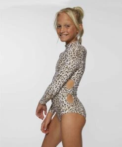 Budget ✔️ O'Neill Cream & Brown Leopard Tie-Cutout Long-Sleeve One-Piece - 👧 Girls 💯 -O'Neill Sales zu111284078 alt 2 tm1671560778