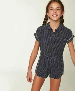 Coupon 🥰 O'Neill Navy Dash Stripe Collar Maia Button-Front Romper - 👧 Girls 😉